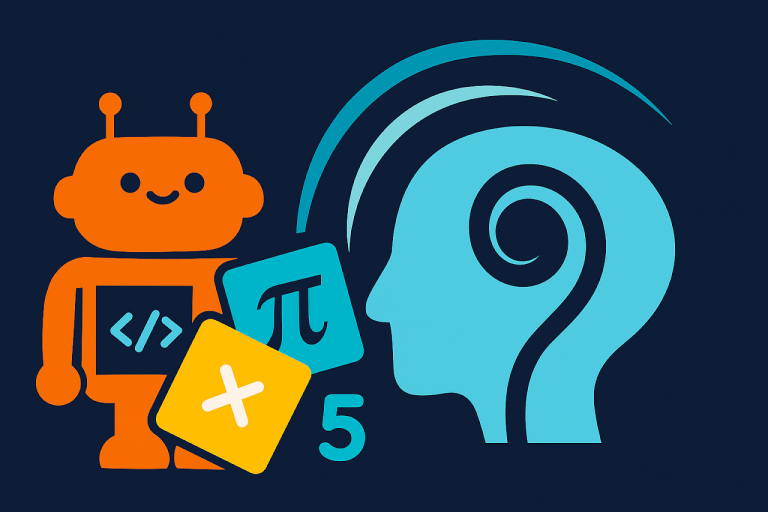 Illustration : un robot et un profil humain entourés de symboles mathématiques et de code